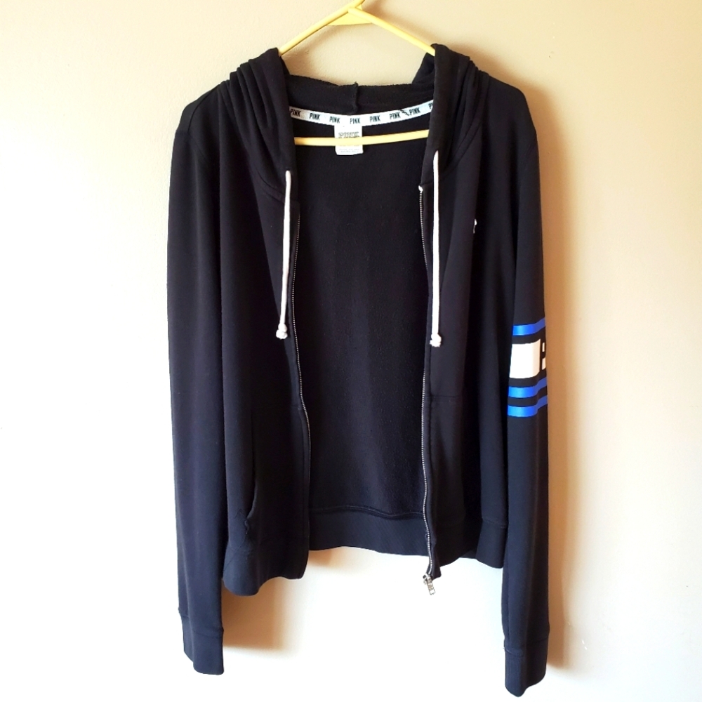Victoria Secret PINK Womens L Black Fleece Full Zip Drawstring Hooded Jacket - Picture 6 of 9